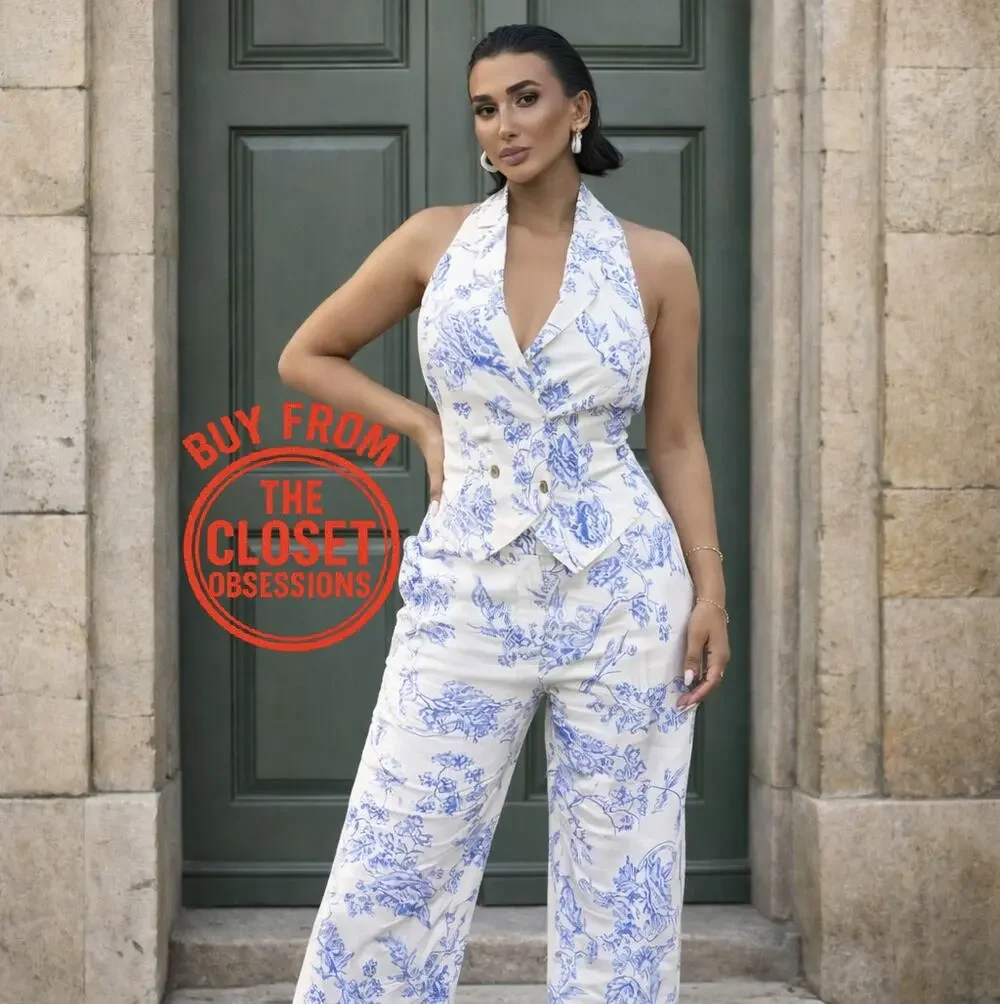 Mango NWT Blue White Linen Blend Halter Vest Wide Leg Pants Set L